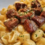 Delicious steak bites and shell pasta in garlic butter Alfredo sauce