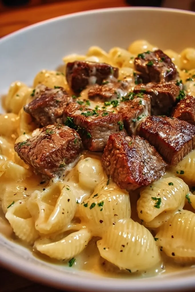 Delicious steak bites and shell pasta in garlic butter Alfredo sauce