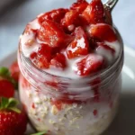 Bowl of strawberries and cream overnight oats topped with fresh strawberries