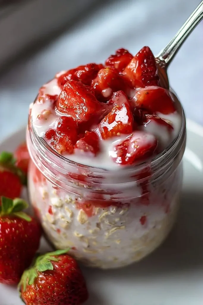Bowl of strawberries and cream overnight oats topped with fresh strawberries