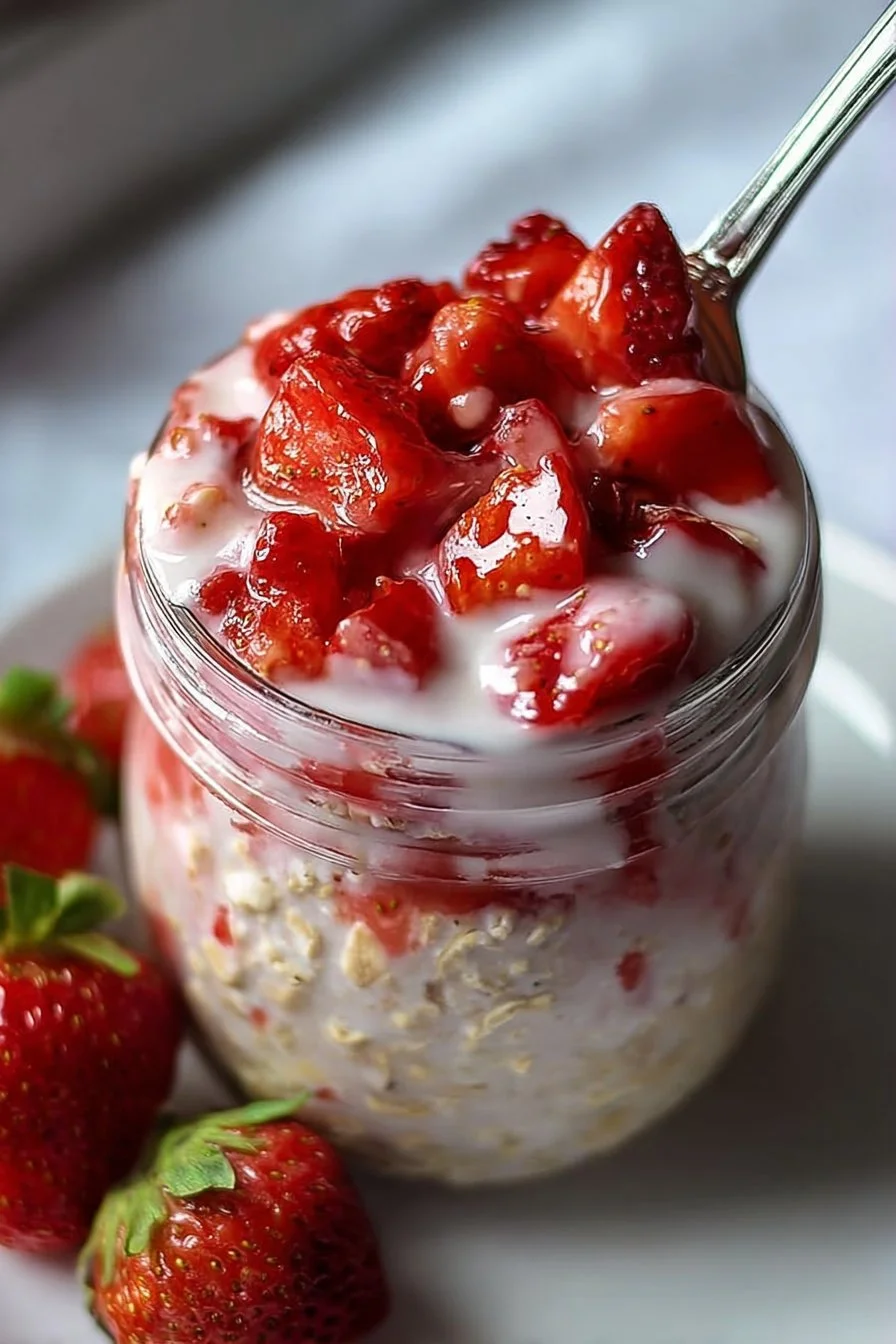 Bowl of strawberries and cream overnight oats topped with fresh strawberries