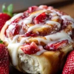 Delicious Strawberry Cheesecake Cinnabon Rolls topped with cream cheese frosting
