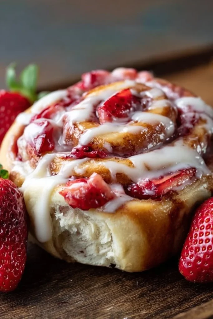 Delicious Strawberry Cheesecake Cinnabon Rolls topped with cream cheese frosting