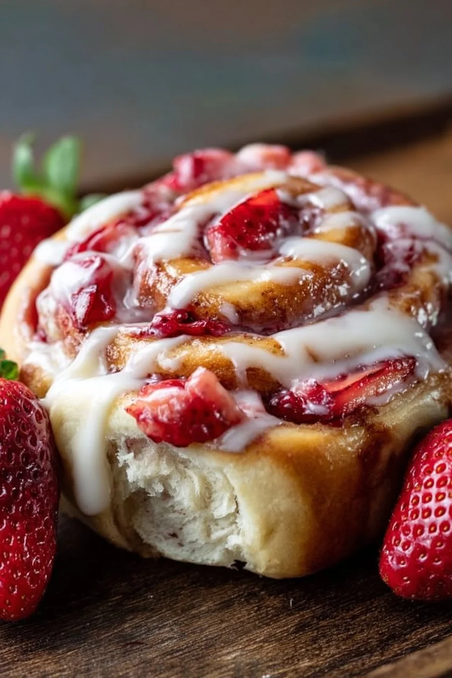 Delicious Strawberry Cheesecake Cinnabon Rolls topped with cream cheese frosting