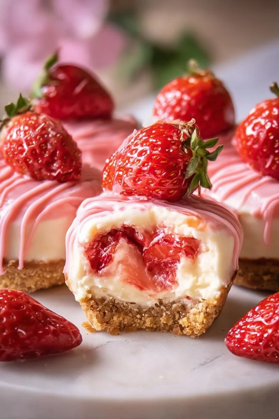 Delicious strawberry cheesecake cups topped with fresh strawberries.