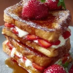 Delicious strawberry cheesecake stuffed French toast topped with fresh strawberries