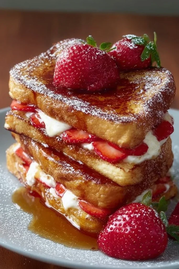 Delicious strawberry cheesecake stuffed French toast topped with fresh strawberries