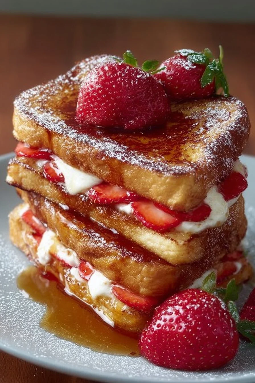 Delicious strawberry cheesecake stuffed French toast topped with fresh strawberries