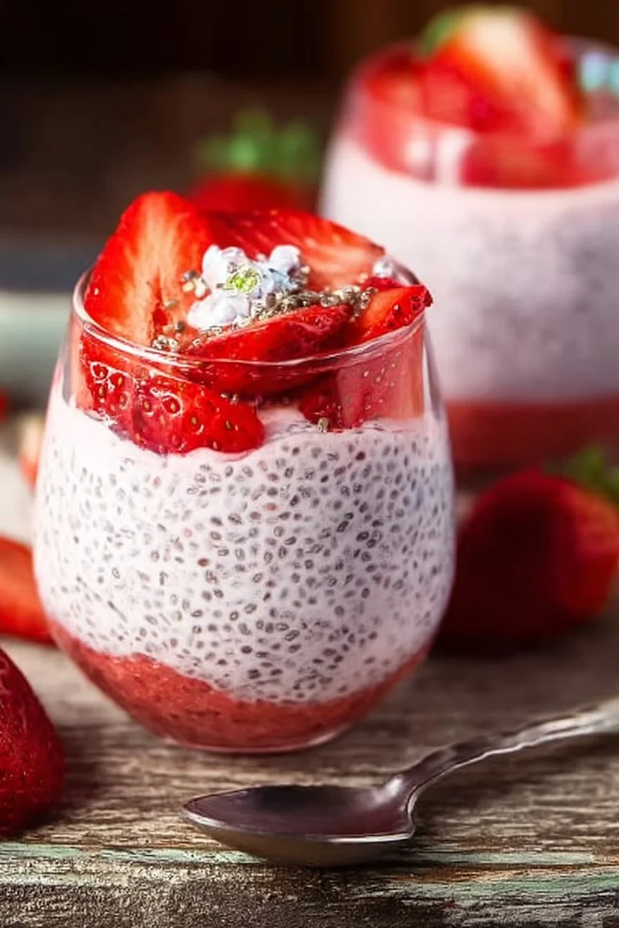 A bowl of strawberry chia pudding topped with fresh strawberries and mint.
