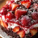 Delicious Strawberry Earthquake Cake topped with fresh strawberries and cream