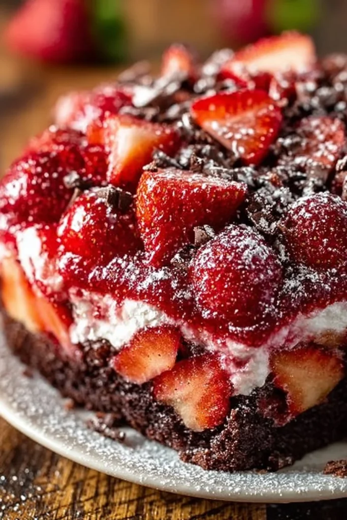 Delicious Strawberry Earthquake Cake topped with fresh strawberries and cream