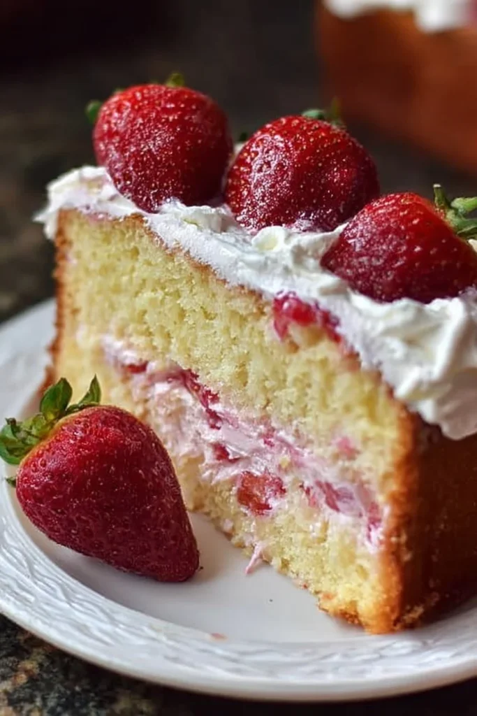 Delicious Strawberry Italian Cream Pound Cake slice with fresh strawberries