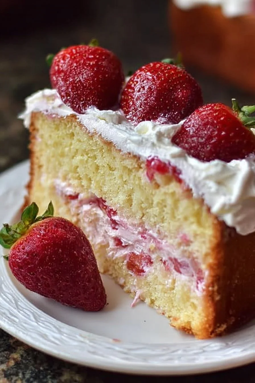 Delicious Strawberry Italian Cream Pound Cake slice with fresh strawberries