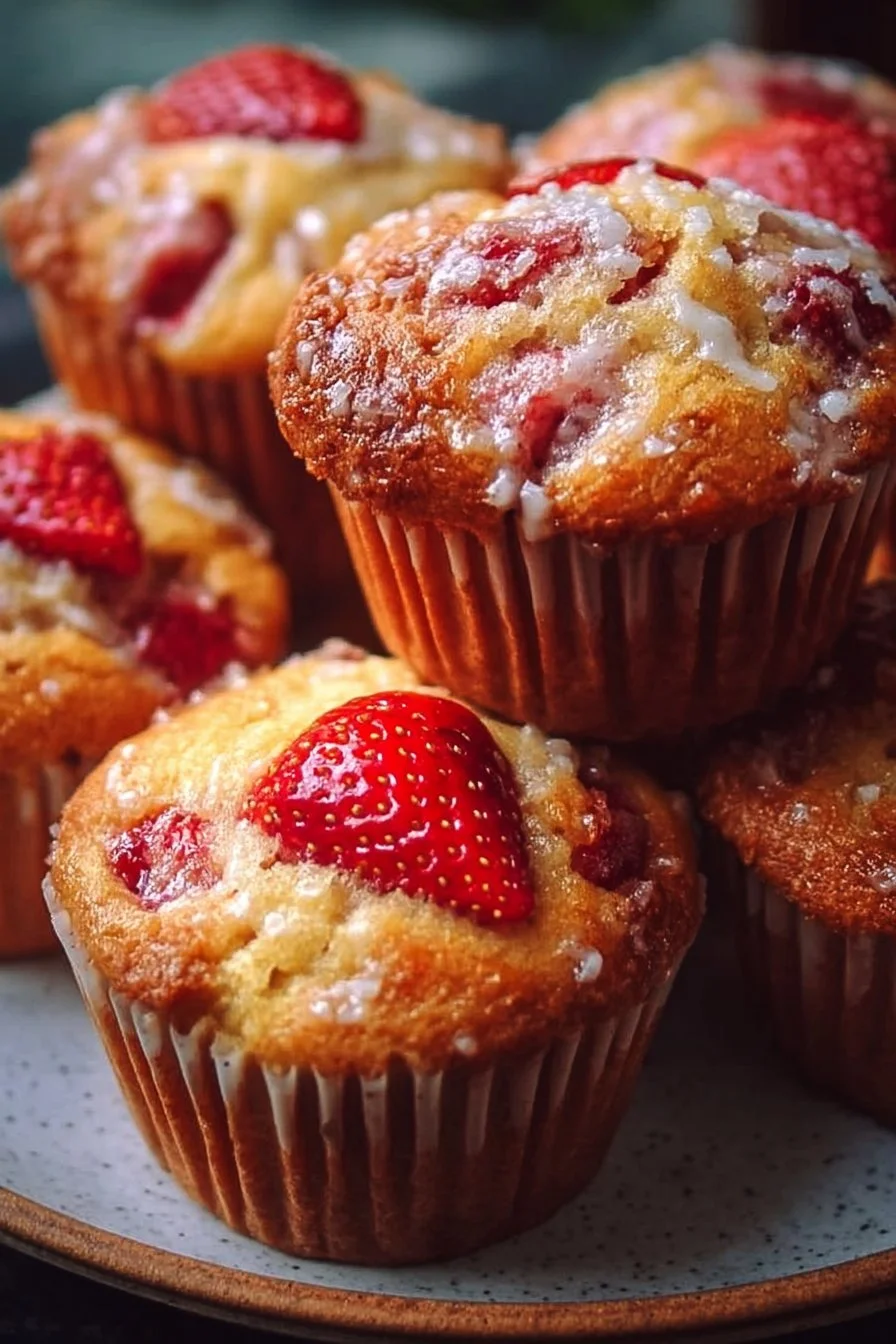 Freshly baked strawberry muffins cooling on a wire rack