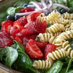Delicious strawberry spinach pasta salad with fresh ingredients