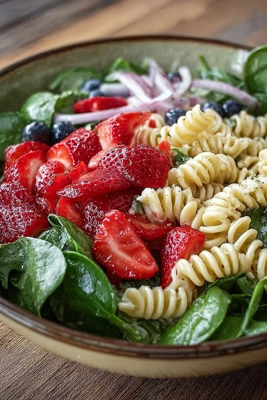 Delicious strawberry spinach pasta salad with fresh ingredients