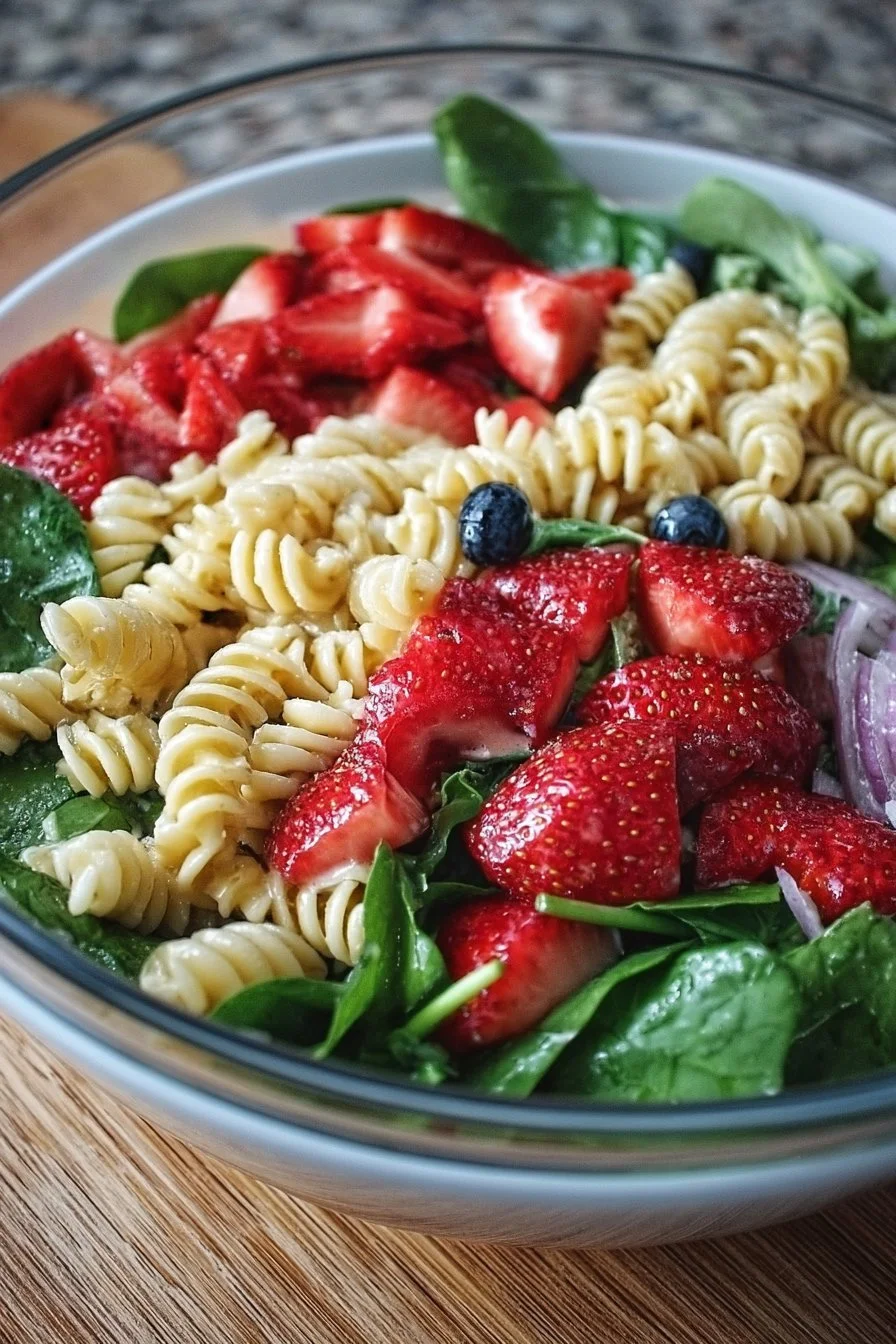 Delicious Strawberry Spinach Pasta Salad with fresh ingredients and vibrant colors