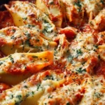 A plate of cheesy stuffed shells topped with marinara sauce.