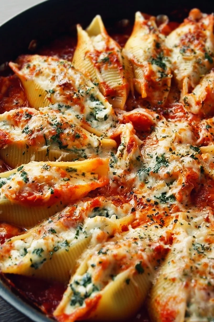 A plate of cheesy stuffed shells topped with marinara sauce.
