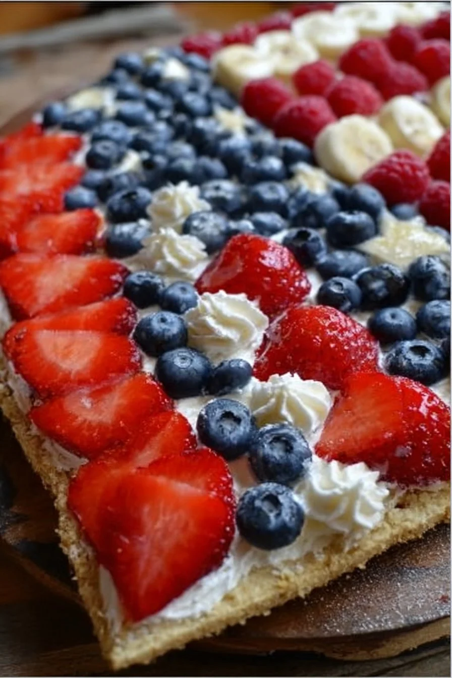 Colorful Sugar Cookie Flag Fruit Pizza topped with fresh fruits for a festive treat