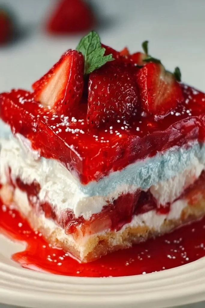 Summer Berry Jello Lasagna with vibrant layers of berries and jello.