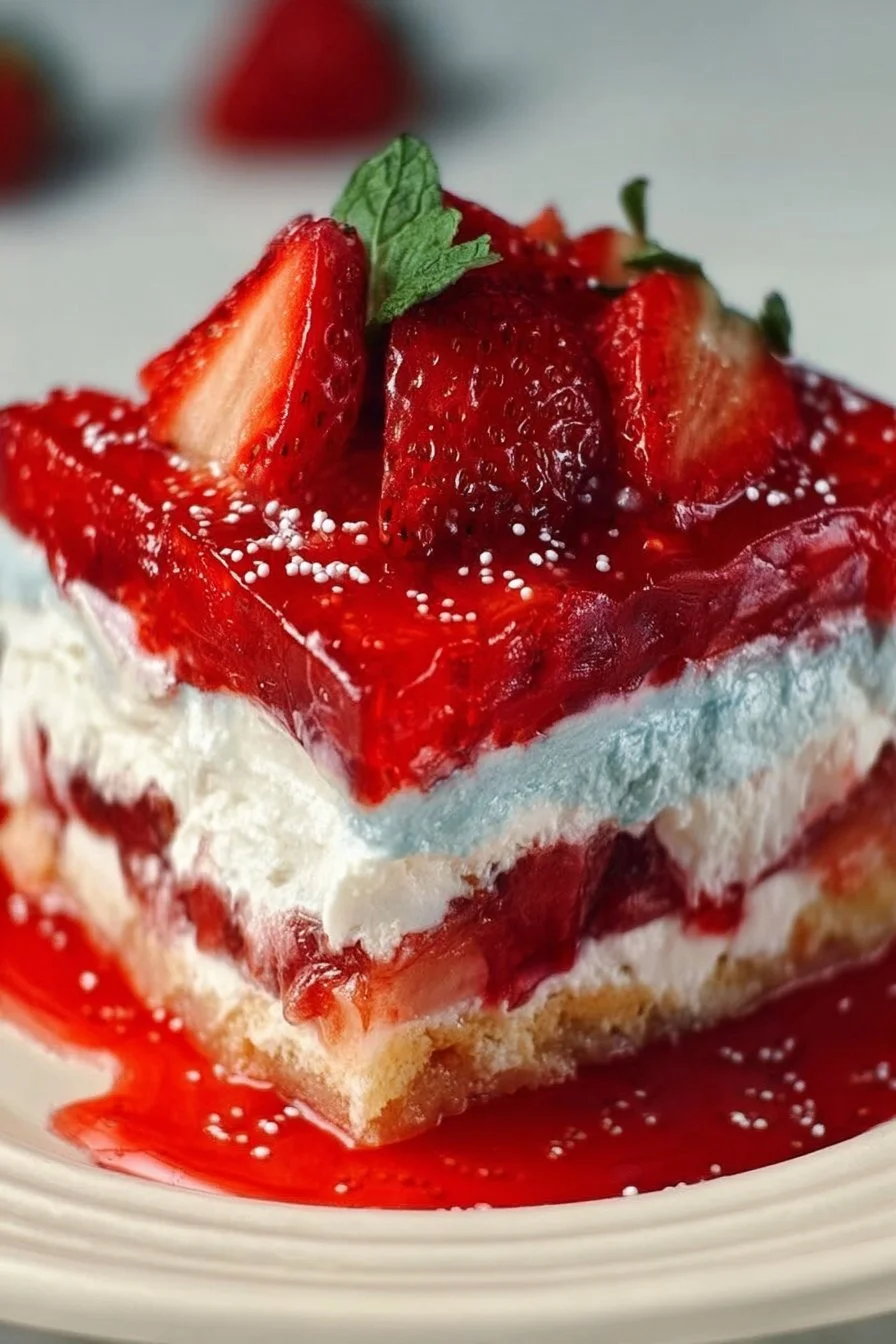 Summer Berry Jello Lasagna with vibrant layers of berries and jello.
