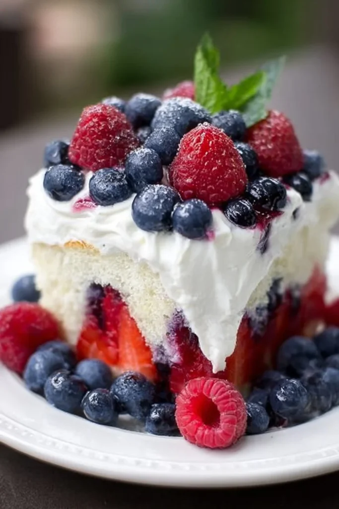 Delicious summer berry poke cake topped with fresh berries and whipped cream.