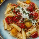 Colorful summer garden pasta with fresh vegetables and herbs