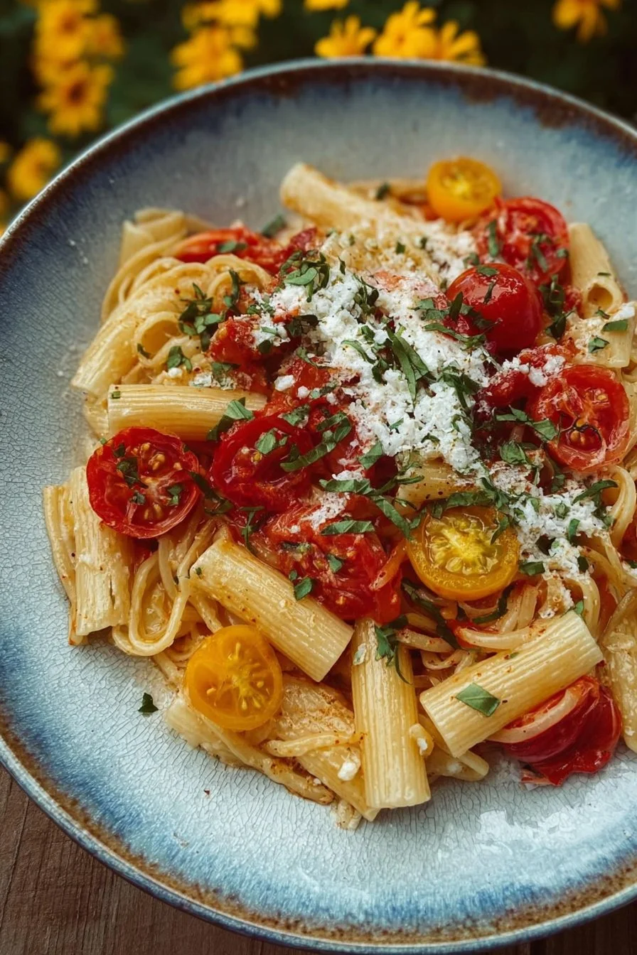 Colorful summer garden pasta with fresh vegetables and herbs