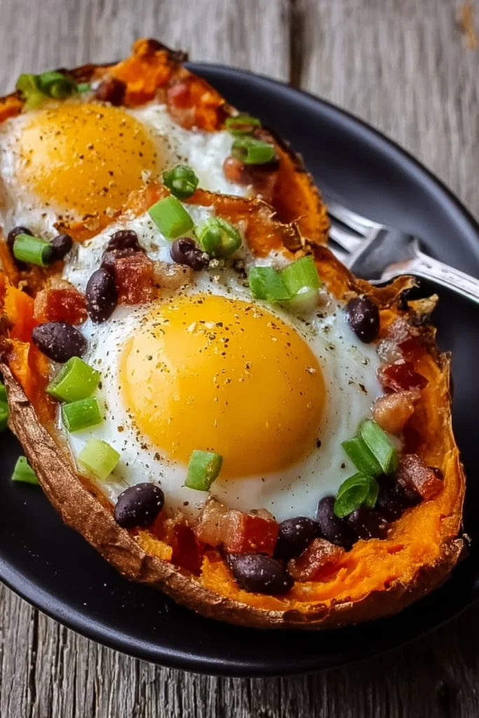 Delicious Sweet Potato and Black Bean Eggs dish served on a plate
