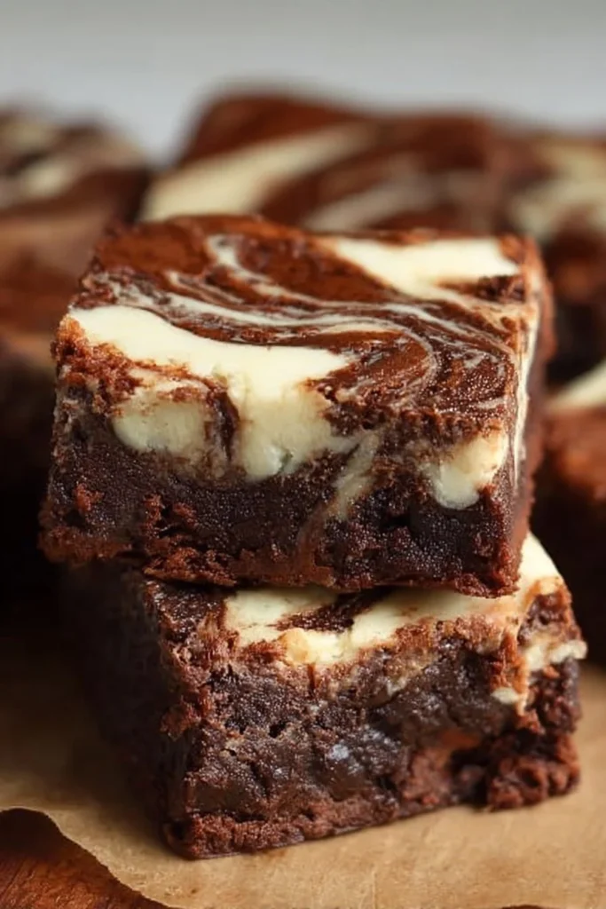 Delicious swirled cream cheese brownies on a plate