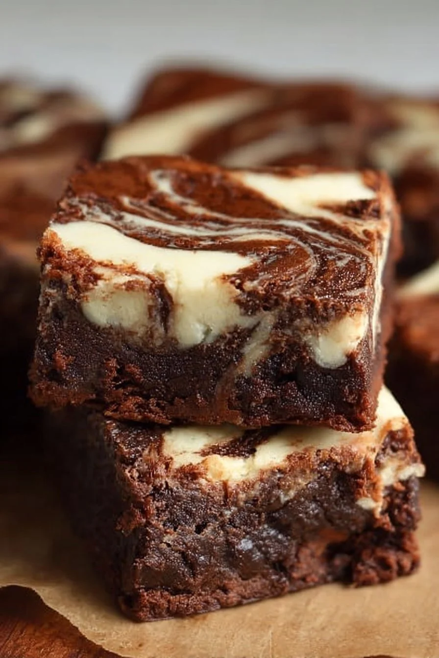 Delicious swirled cream cheese brownies on a plate
