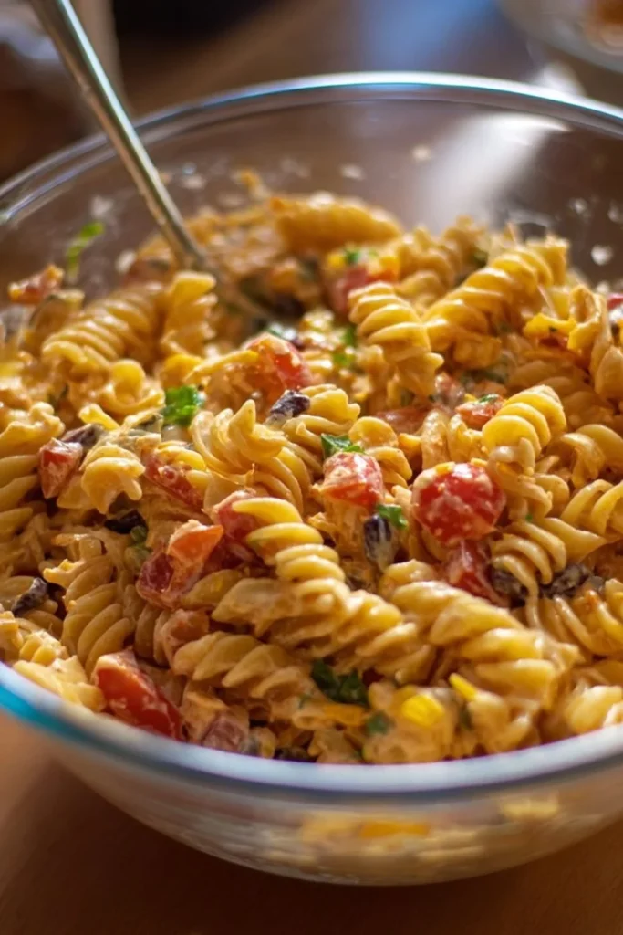 Colorful Taco Pasta Salad with fresh ingredients and zesty dressing in a bowl