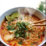 A delicious bowl of Thai noodle soup rich in flavor and garnished with fresh herbs.