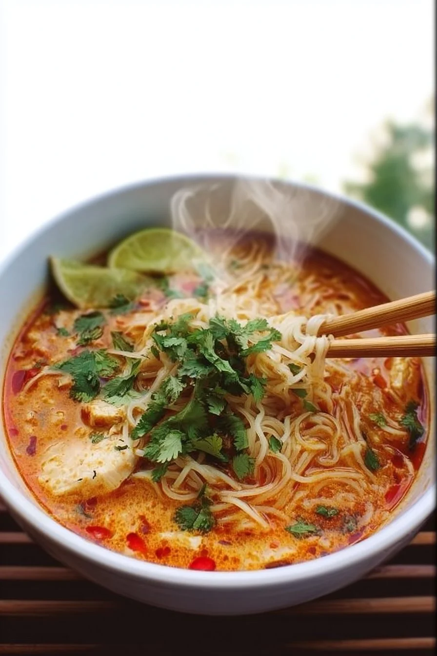 A delicious bowl of Thai noodle soup rich in flavor and garnished with fresh herbs.