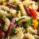 Delicious Italian pasta salad with fresh vegetables and olives