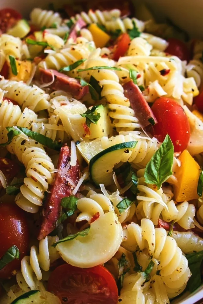 Delicious Italian pasta salad with fresh vegetables and olives