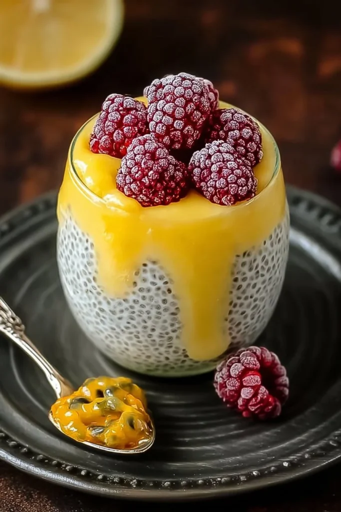 Delicious lemon curd chia pudding served in a glass with fresh lemon slices