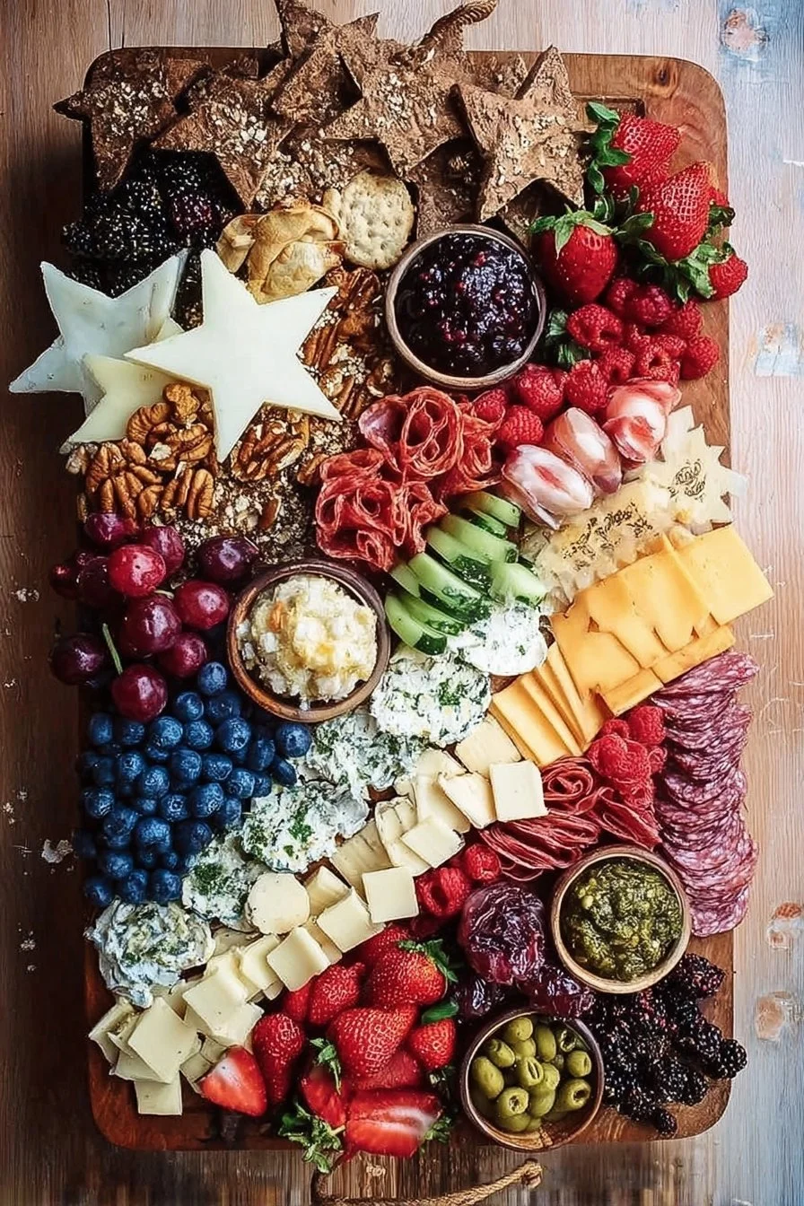 Stylish charcuterie board featuring gourmet snacks for a 4th of July celebration.