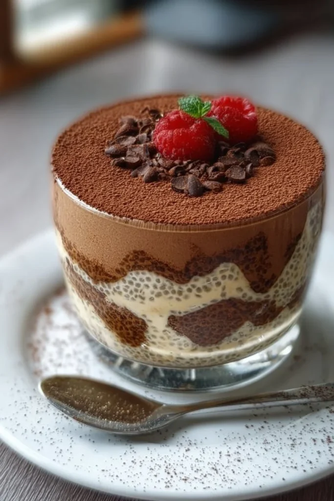 Delicious tiramisu chia pudding topped with cocoa and coffee flavors