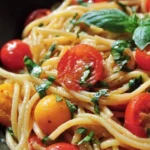 Delicious plate of Tomato Basil Pasta garnished with fresh basil