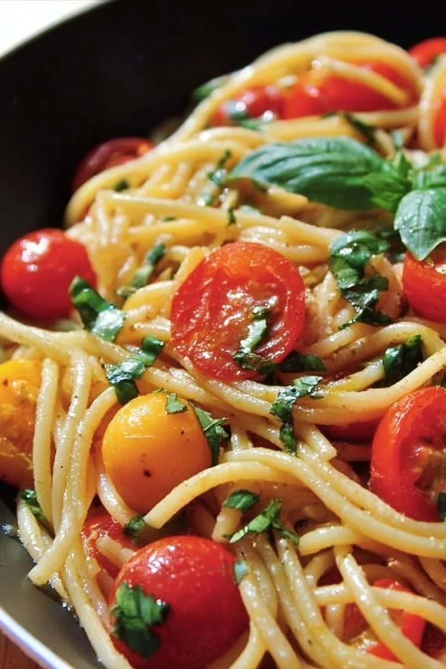 Delicious plate of Tomato Basil Pasta garnished with fresh basil