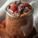 Triple Chocolate Overnight Oats in a glass jar topped with chocolate shavings