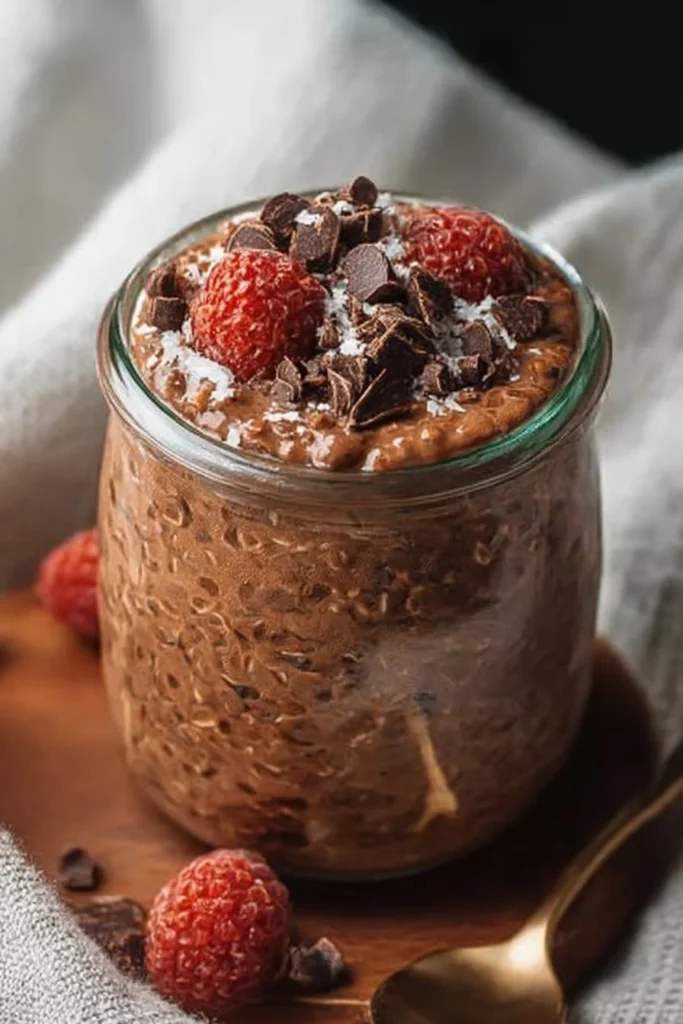Triple Chocolate Overnight Oats in a glass jar topped with chocolate shavings