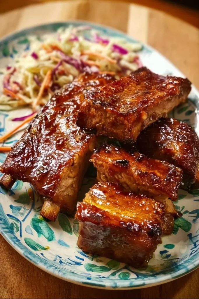 Slow-cooker teriyaki ribs served with vegetables and rice