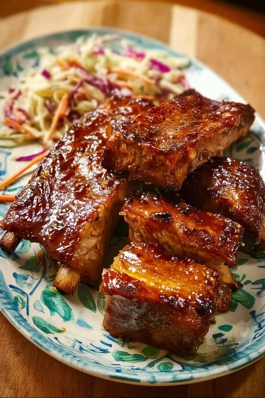 Slow-cooker teriyaki ribs served with vegetables and rice