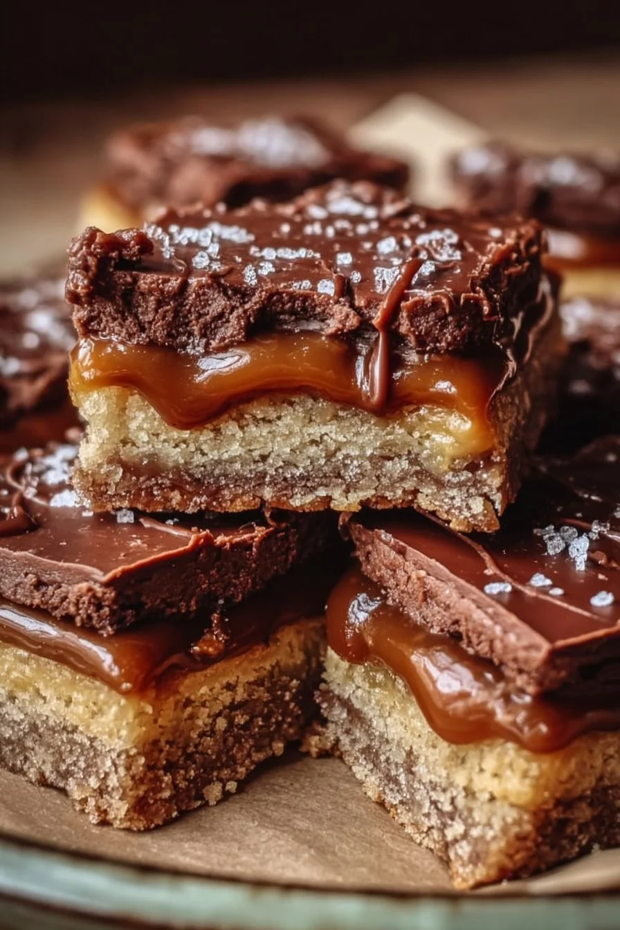 Delicious Twix Cookie Bars with caramel and cookie layers
