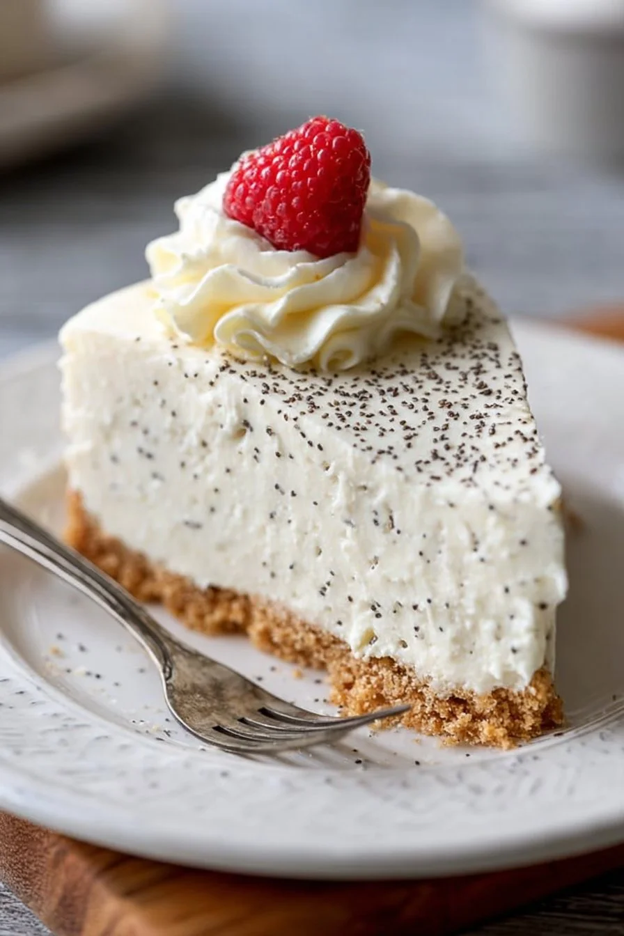 Delicious Vanilla Bean No Bake Cheesecake with a rich, creamy texture.