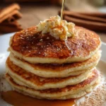 Delicious Vanilla Cinnamon Buttermilk Pancakes stacked with syrup