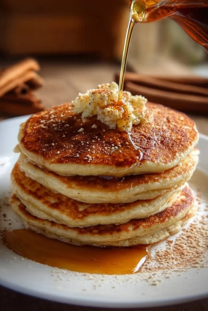 Delicious Vanilla Cinnamon Buttermilk Pancakes stacked with syrup